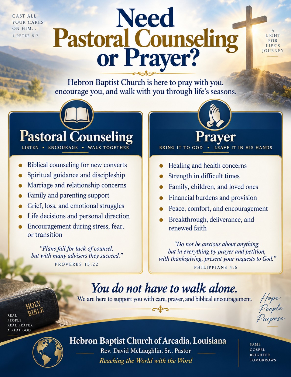 Need Pastoral Counseling or Prayer? Hebron Baptist Church information flyer
